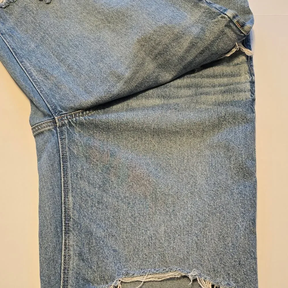 American Eagle High Rise Baggy Straight Jeans Womens 8 Reg Blue Thrashed Ripped